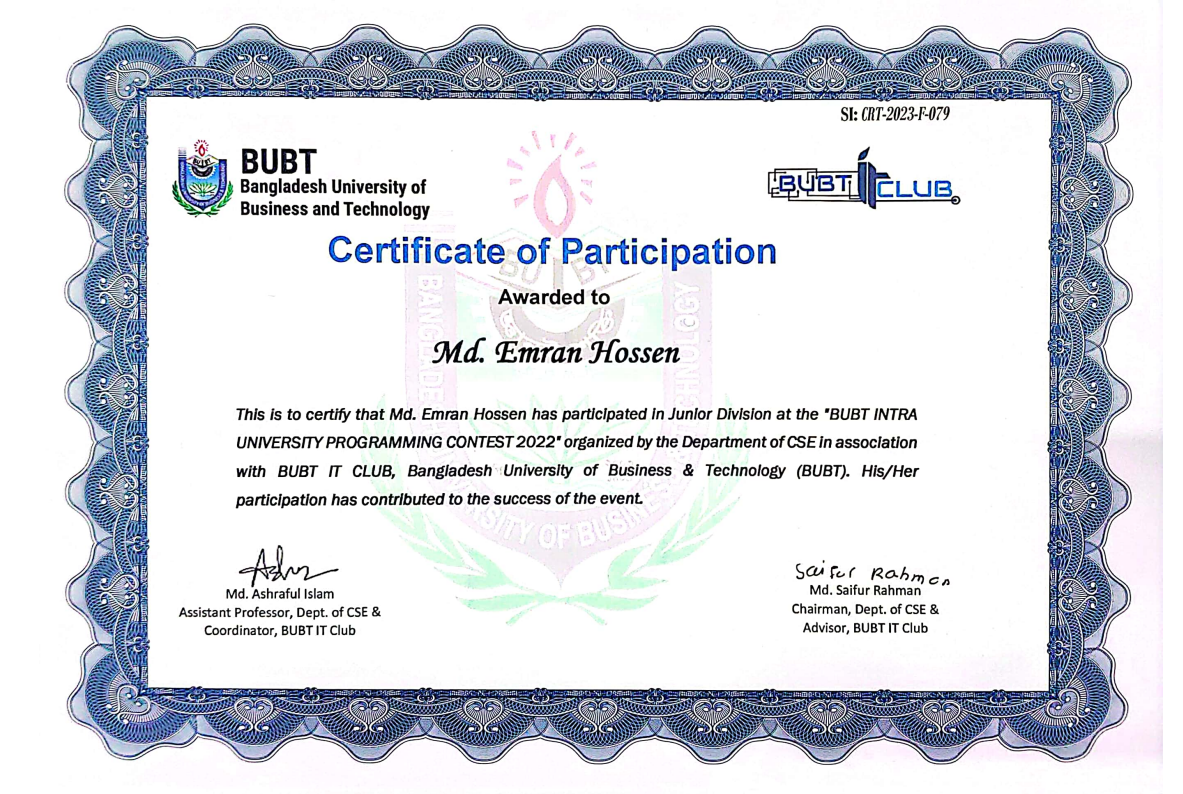 Programming Contest Participation Certificate